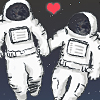 runpunkrun: drawing of two astronauts floating in space and holding hands, a red cartoon heart floating up between them (i love the whole world)