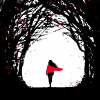 muccamukk: Wanda walking away, surrounded by towering black trees, her red cloak bright. (Marvel: Big Woods) (Default)