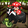 soc_puppet: Pixelated Habitica avatar decked out in full Mushroom Druid wear, riding a Dusk Badger mount through a forest with a pet Base Snake (Meme Warrior)