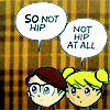 lithophiles: Two cartoon characters on a plaid background. One says "SO not hip." The other says "Not hip at all." (not hip)
