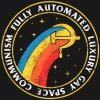 wolby: circular badge that reads "fully automated luxury gay space communism" around a hammer and sickle and rainbow on a background of stars (fully automated luxury gay space communi)