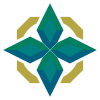 sonata_green: a cross of four angular teal "leaves" with greenish and bluish lighting/shading, in front of an angular brass ring (Default)