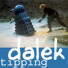 Third Doctor and Dalek in a pond, captioned "Dalek tipping"
