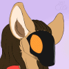 packbat: A headshot of an anthro bat-eared fox - large ears, tan fur, brown dreadlocks - with a shiny textured face visor curving down from zir forehead to a rounded snout. The visor is mostly black, but has large orange-brown ovals on its surface representing zir eyes. (batfox visor)