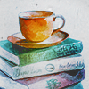 muccamukk: Watercolour painting of a tea cup and saucer sitting on top of a stack of books. (Books: Cup and Saucer)