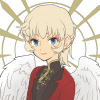 Anabiel, an angel with short platinum-blonde hair and a fancy... we don't know what that's called.