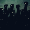 owlsyspeeps: A crowd of shadowy figures with glowing eyes in front of a murky green background. (the sea)