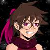 A grinning girl with short choppy brown hair, a pink ponytail, round glasses, freckles, and a sleeveless maroon Heart-aspect hoodie.