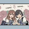 soc_puppet: Two girls in highschool uniform staring in awe; their hands are pressed together, and imaginary roses are blooming behind them. Above them is a crude drawing of an umbrella topped with a heart and the words, "A happy ending". (A happy ending)