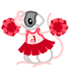 soc_puppet: A gray masked dumbo rat wearing a Dreamwidth cheerleading outfit and waving red color-matched pompoms (Dreamwidth Pride)