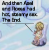 soc_puppet: A screencap of Namine from "Kingdom Hearts: Chain of Memories". She is pictured scribbling in her notebook, but an excerpt reads, "And then Axel and Roxas had hot, steamy sex. The End." (Smut writer)