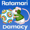 soc_puppet: A pink-eyed white rat cosplaying the Prince of All Cosmos rolls a colorful katamari ball across the screen; the text reads, "Ratamari Damacy". (Katamari Nezumi)