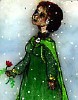 gingicat: woman in a green dress and cloak holding a rose, looking up at snow falling down on her (Default)