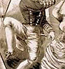 vass: A sepia-toned line-drawing of a man in naval uniform dancing a hornpipe, his crotch prominent (Hornpipe)