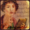 copracat: Pompeii wall frieze of Sappho with the text 'pornographer' in front and background illegible text from an explic fanwork (wrisomifu - Sappho)