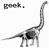 geekosaur: white dinosaur skeleton in black shadow "body"; caption "geek." in monospaced font (geekosaur)