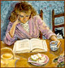 laurashapiro: a woman sits at a kitchen table reading a book, cup of tea in hand. Table has a sliced apple and teapot. A cat looks on. (Default)